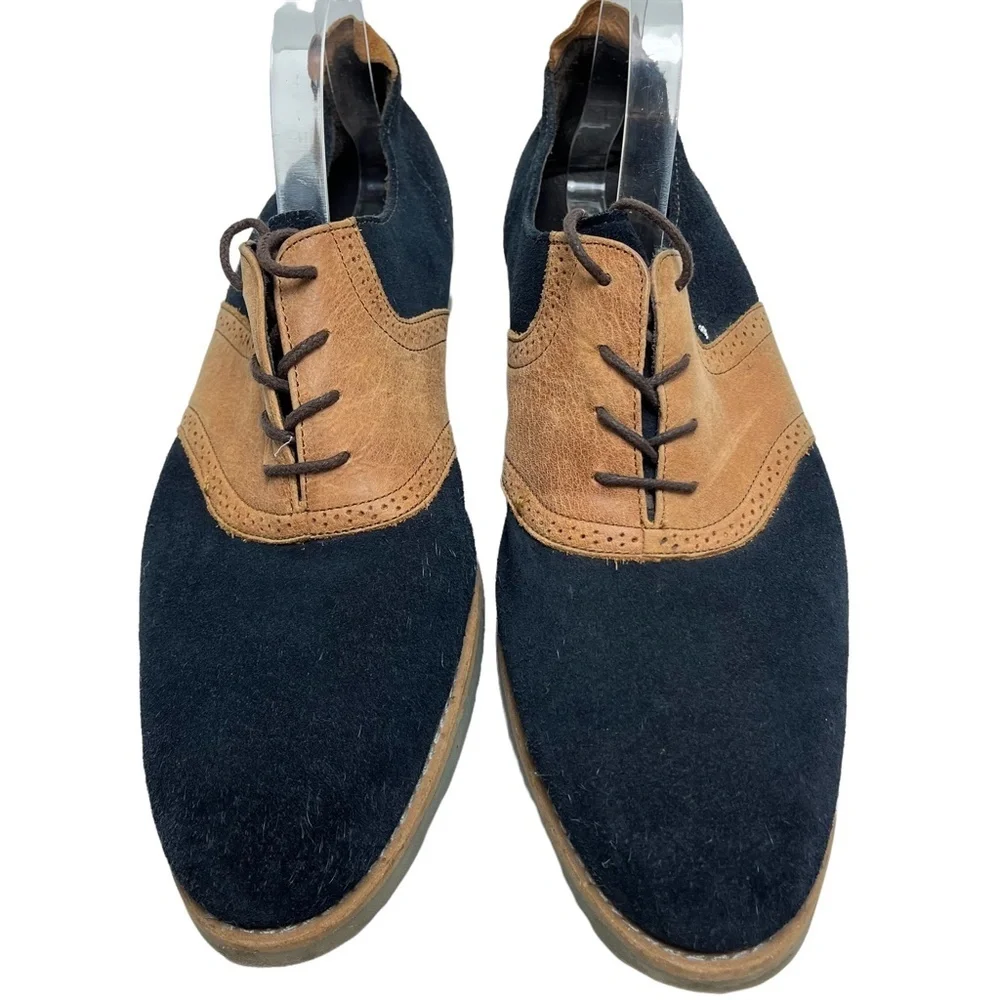 JD FISK Navy Blue Saddle Tan Genuine Leather Suede Dress Oxford shoes sz 11